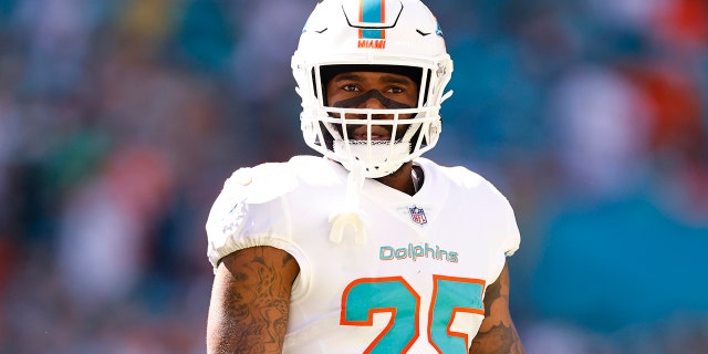 Xavien Howard #25 of the Miami Dolphins looks on against the Houston Texans at Hard Rock Stadium on November 07, 2021 in Miami Gardens, Florida.
