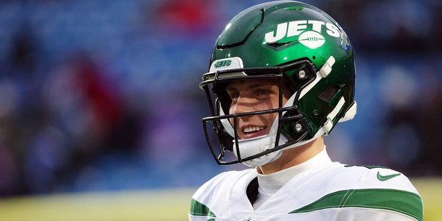 Zach Wilson of the New York Jets warms up before a game against the Buffalo Bills on January 9, 2022 at Highmark Stadium in Orchard Park, NY.
