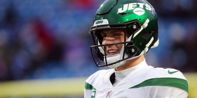 Zach Wilson of the New York Jets warms up before a game against the Buffalo Bills on January 9, 2022 at Highmark Stadium in Orchard Park, NY.