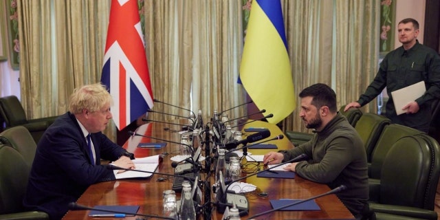 U.K. Prime Minister Boris Johnson meets with Ukrainian President Volodymyr Zelenskyy in Kyiv on Saturday, March 9, 2022.