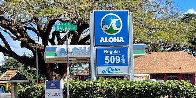 A sign displays the current gas price at an Aloha gas station in Waialua, Oahu, HI. March, 28, 2022. (Fox News)