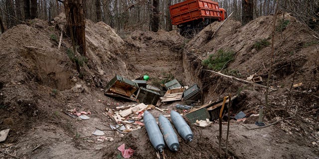 Ammunition lies near a school in Yahidne, near of Dnipro, Ukraine, Tuesday, April 12, 2022.