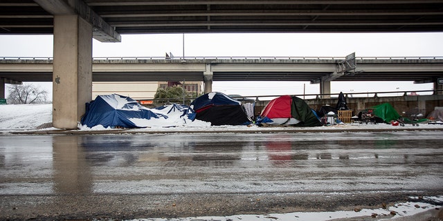 Homeless camps sit along the I-35 frontage road in Austin, Texas, on February 17, 2021. 