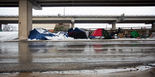 Homeless camps sit along the I-35 frontage road in Austin, Texas, on February 17, 2021.