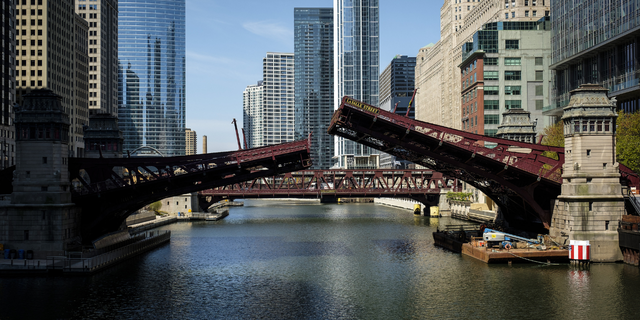 The Lasalle Street Bridge is raised over the Chicago River.