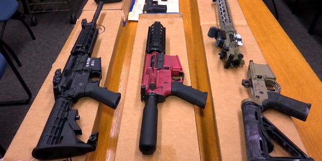 "Ghost guns" on display at the headquarters of the San Francisco Police Department.