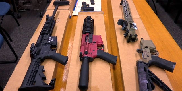 This Nov. 27, 2019, file photo shows "ghost guns" on display at the headquarters of the San Francisco Police Department.