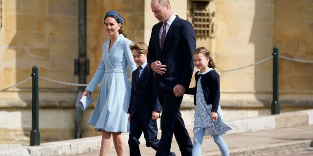 Britain’s Prince William and Kate, Duchess of Cambridge, arrive with Prince George and Princess Charlotte to the Easter Mattins service at St George's Chapel at Windsor Castle in Berkshire, England, Sunday, April 17, 2022.
