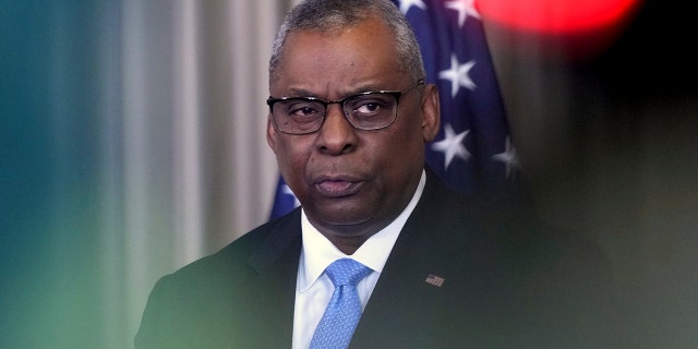 Secretary of Defense Lloyd Austin addresses the media during a press conference at Ramstein Air Base in Ramstein, Germany, on April 26, 2022.