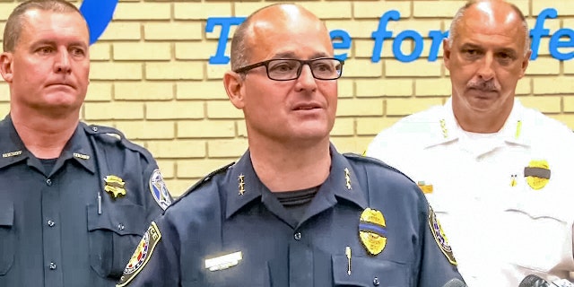 Cayce Police Chief Chris Cowan speaks at a news conference Tuesday, April 26, 2022, following the shooting death of police K-9 officer, volunteer firefighter and emergency medical technician Drew Barr in South Carolina early Sunday while responding to a domestic disturbance.