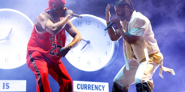 (L-R) YG and Big Sean perform onstage at the Sahara Tent during the 2022 Coachella Valley Music And Arts Festival.