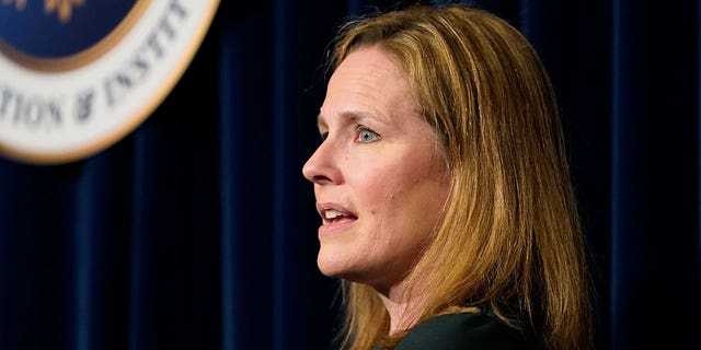 US Supreme Court Associate Justice Amy Coney Barrett speaks at the Ronald Reagan Presidential Library Foundation in Simi Valley, Calif., Monday, April 4, 2022. (AP Photo/Damian Dovarganes)