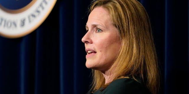 U.S. Supreme Court Associate Justice Amy Coney Barrett speaks at the Ronald Reagan Presidential Library Foundation in Simi Valley, California, on Monday, April 4, 2022.