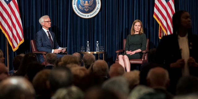 Justice Amy Coney Barrett speaks at the Ronald Reagan Presidential Library Foundation in Simi Valley, California, Monday, April 4, 2022.