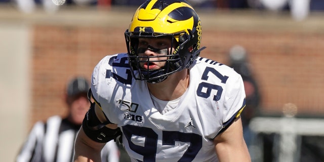 Aidan Hutchinson of the Michigan Wolverines during a game against the Illinois Fighting Illini at Memorial Stadium Oct. 12, 2019, in Champaign, Ill.