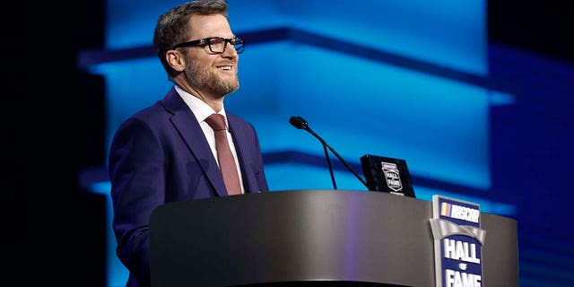 CHARLOTTE, NORTH CAROLINA - JANUARY 21: NASCAR Hall of Fame inductee Dale Earnhardt Jr. speaks during the 2021 NASCAR Hall of Fame Induction ceremony at NASCAR Hall of Fame on January 21, 2022 in Charlotte, North Carolina. (Photo by Jared C. Tilton/Getty Images)