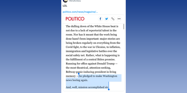 Jerry Dunleavy scoffs at Politico's latest article depicting White House reporters highly sympathetic to the Biden administration.
