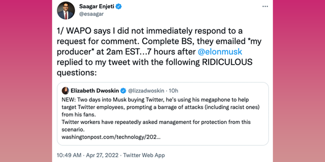 Saagar Enjeti slams the Washington Post for accusing him of helping to harass Twitter executive.