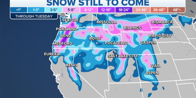 Expected snowfall totals through Tuesday.