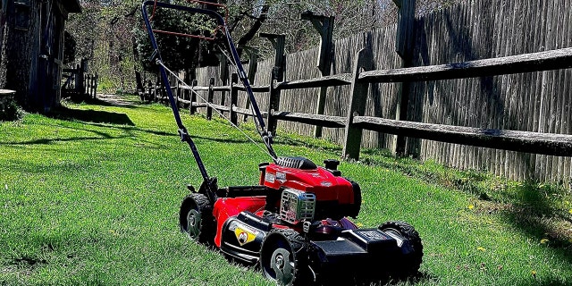 A Craftsman mower is shown parked on a grassy lawn at Hoyt Farm Town Park in Commack, N.Y., on April 29, 2022. (Jeff Gumin)
