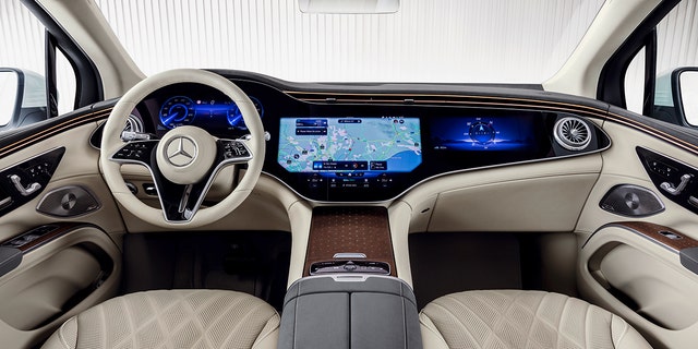 The 2023 EQS SUV's Hyperscreen contains three displays that span a combined 56 inches.
