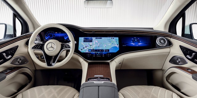The 2023 EQS SUV's Hyperscreen contains three displays that span a combined 56 inches.