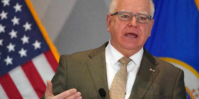 Minnesota Gov. Tim Walz speaks during a news conference at the Department of Revenue building Jan. 26, 2021, in St. Paul, Minn.