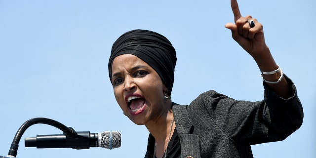 Rep. Ilhan Omar speaks at a "Black women in defense of Ilhan Omar" event on April 30, 2019, at the Capitol in Washington.