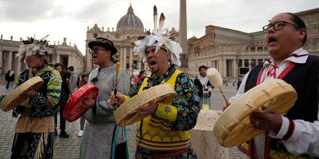 Members of the Assembly of First Nations perform in St. Peter's Square at the Vatican, Thursday, March 31, 2022. 