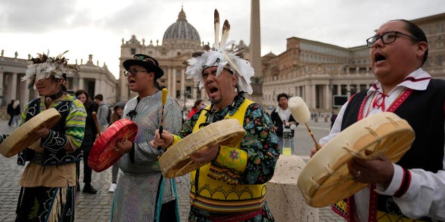 Members of the Assembly of First Nations perform in St. Peter's Square at the Vatican, Thursday, March 31, 2022. 