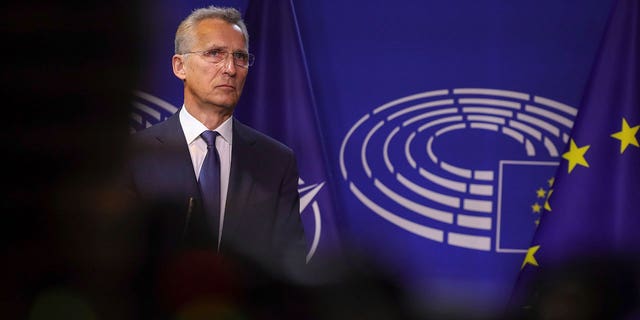 NATO Secretary General Jens Stoltenberg pauses as he delivers a statement to the media prior to a meeting at the European Parliament in Brussels, Thursday, April 28, 2022. (AP Photo/Olivier Matthys)