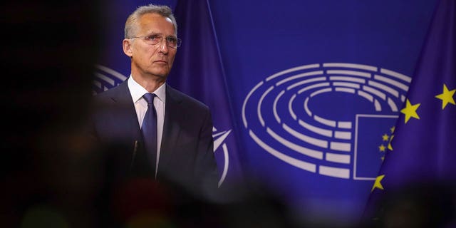 NATO Secretary General Jens Stoltenberg pauses as he delivers a statement to the media prior to a meeting at the European Parliament in Brussels on Thursday, April 28.