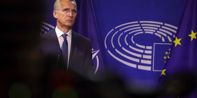 NATO Secretary General Jens Stoltenberg pauses as he delivers a statement to the media prior to a meeting at the European Parliament in Brussels on Thursday, April 28.