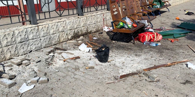 This general view shows personal belongings of victims and damage to a platform after a rocket attack on the railway station in the eastern city of Kramatorsk, in the Donbass region on April 8, 2022.