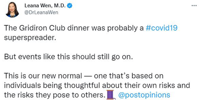 An April 7, 2022 image from Dr. Leana Wen's Twitter account in which she said that probable "suprespreader" events like The Girdiron Club dinner should go as the world adapts to a "new normal."