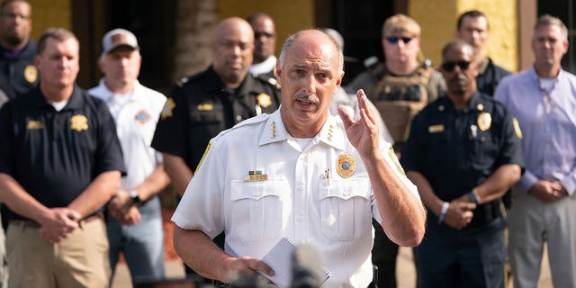 Police Chief Skip Holbrook speaks to members of the media near Columbiana Centre mall in Columbia, South Carolina, following a shooting, Saturday, April 16, 2022.