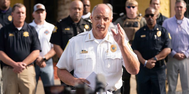 Columbia Police Chief Skip Holbrook speaks to members of the media near Columbiana Centre mall in Columbia, S.C., following a shooting, Saturday, April 16, 2022. (AP Photo/Sean Rayford)