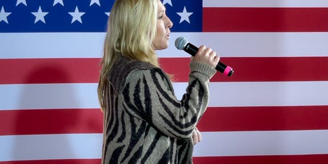 Rep. Marjorie Taylor Greene, R-Ga., speaks at a rally for Ohio GOP Senate candidate J.D. Vance