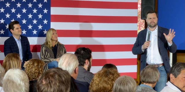 Reps. Matt Gaetz, R-Fla., and Marjorie Taylor Greene, R-Ga., at a rally for GOP Senate candidate JD Vance in Newark, Ohio.