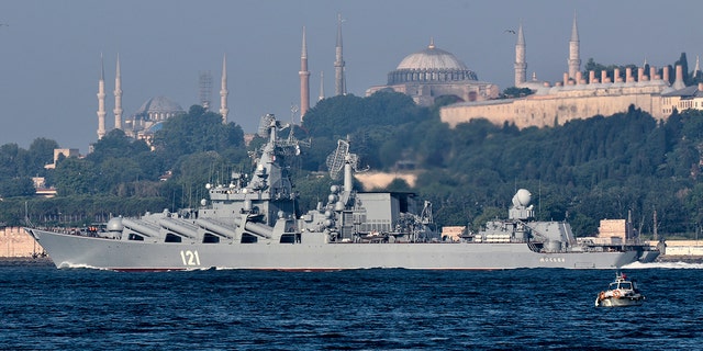 The Russian Navy's guided missile cruiser Moskva sails in the Bosphorus, on its way to the Mediterranean Sea, in Istanbul, Turkey, in June 2021.