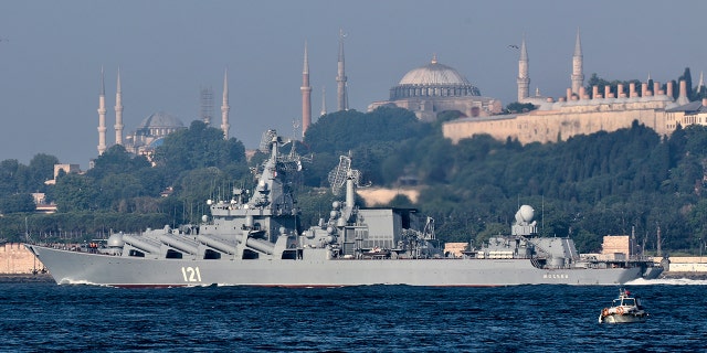 The Russian Navy's guided missile cruiser Moskva sails in the Bosphorus, on its way to the Mediterranean Sea, in Istanbul, Turkey, in June 2021.