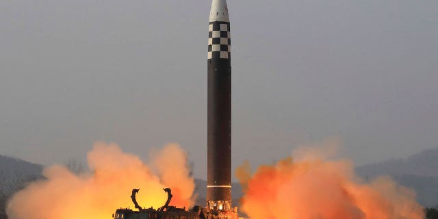 This photo distributed by the North Korean government shows what it says is a test-fire of a Hwasong-17 intercontinental ballistic missile (ICBM), at an undisclosed location in North Korea on March 24, 2022. Independent journalists were not given access to cover the event depicted in this image distributed by the North Korean government. The content of this image is as provided and cannot be independently verified. Korean language watermark on image as provided by source reads: "KCNA" which is the abbreviation for Korean Central News Agency. 