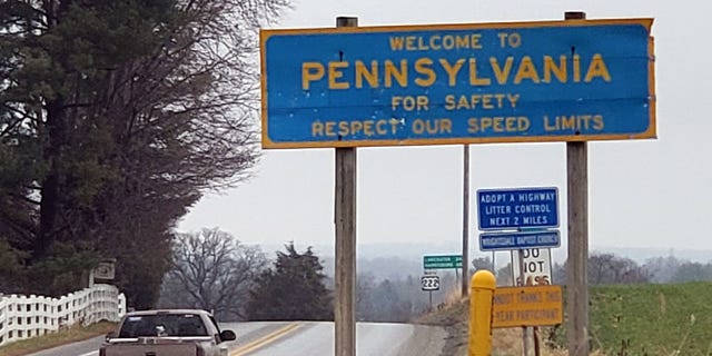 A Pennsylvania welcome sign greets drivers on US-222 entering Peach Bottom, Pa., from Maryland, 2022.