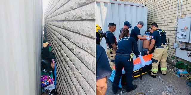 Fire crews from Phoenix and Glendale rescued a man who fell off a shipping container and became trapped in a gap between the box and a wall.