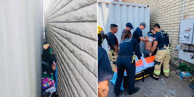 Fire crews from Phoenix and Glendale rescued a man who fell off a shipping container and became trapped in a gap between the box and a wall.
