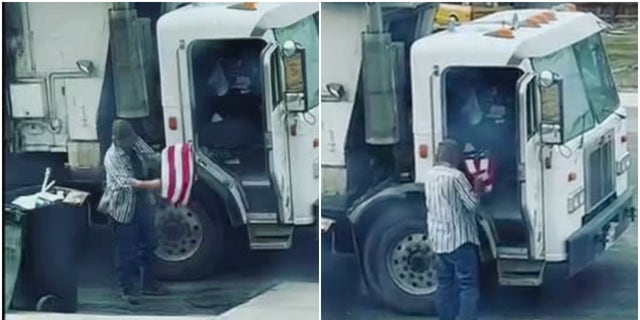 Utah garbage man Don "Munch" Gardner saves an American flag from the trash and folds it neatly.