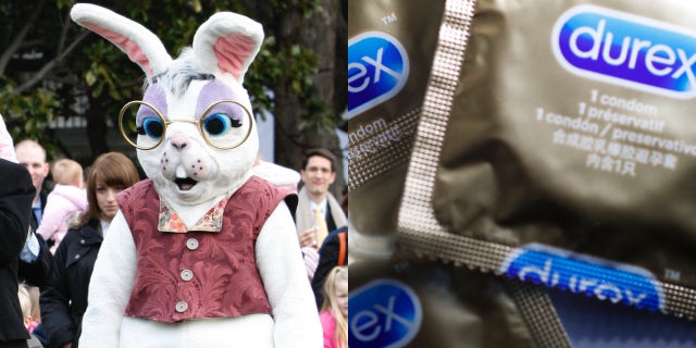 A person dressed as the Easter Bunny at the annual Easter Egg Roll on the South Lawn of the White House in Washington, marzo 24, 2008. The traditional White House event dates back to 1878. REUTERS/Jason Reed (STATI UNITI) A Durex condom is seen in a photo illustration in Manchester, Gran Bretagna, luglio 31, 2018. REUTERS/Phil Noble/Photo Illustration