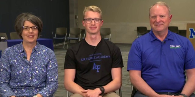 Nebraska high school senior Noble Rasmussen, along with parents Cheri and Kirk Rasmussen, joined "Fox and Friends" to celebrate the teen's acceptance to all five military academies, on Friday, April 29, 2022. (Fox News)