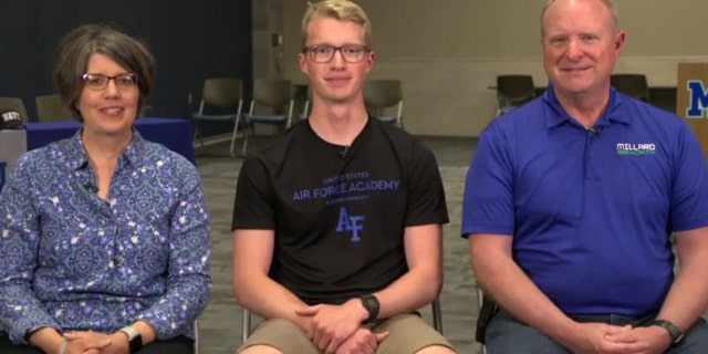 Nebraska high school senior Noble Rasmussen, along with parents Cheri and Kirk Rasmussen, joined "Fox and Friends" to celebrate the teen's acceptance to all five military academies, on Friday, April 29, 2022. (Fox News)