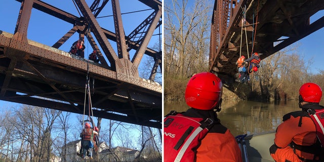 A woman dangling from a bridge on a trapeze swing was rescued Friday around 7:40 a.m. at Vixette and Genesee Streets in Rochester, the Rochester Fire Department said.